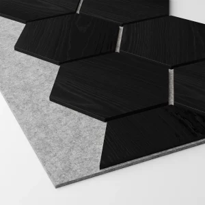 Ribbon-Hexagon Black Diamond Ash joint panel with grey acoustic felt with dimensions